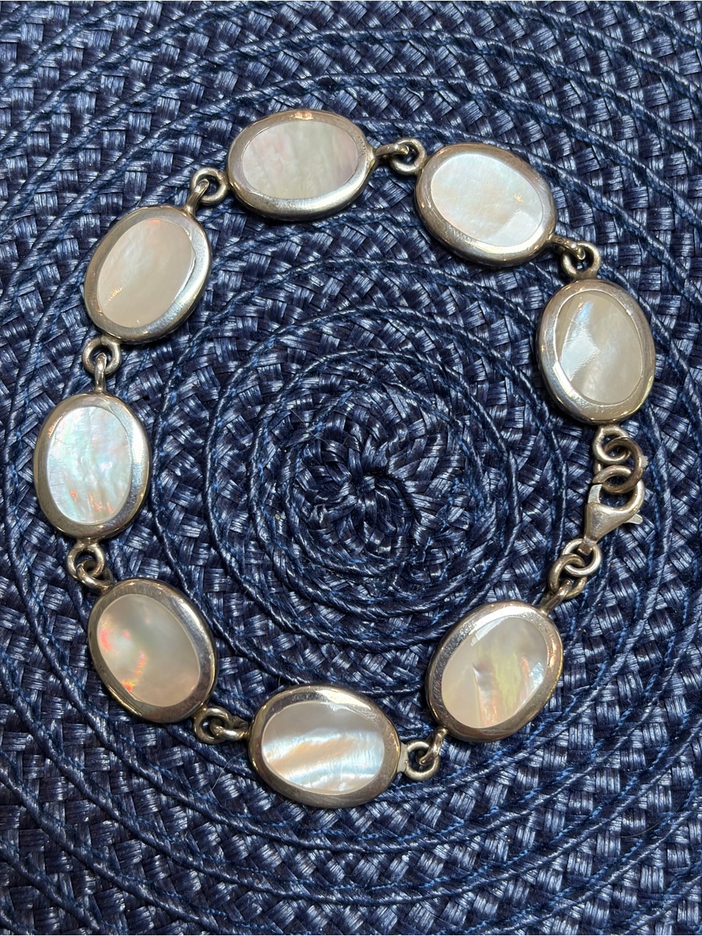 Silver Metal Pearl White Opal Colored Link Bracelet